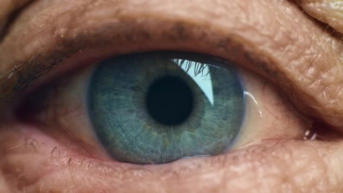 绿色，蓝眼睛颜色的宏观图像和成人高加索虹膜自然人体解剖的细节显示。专业、高质量的健康老年人眼球特写照