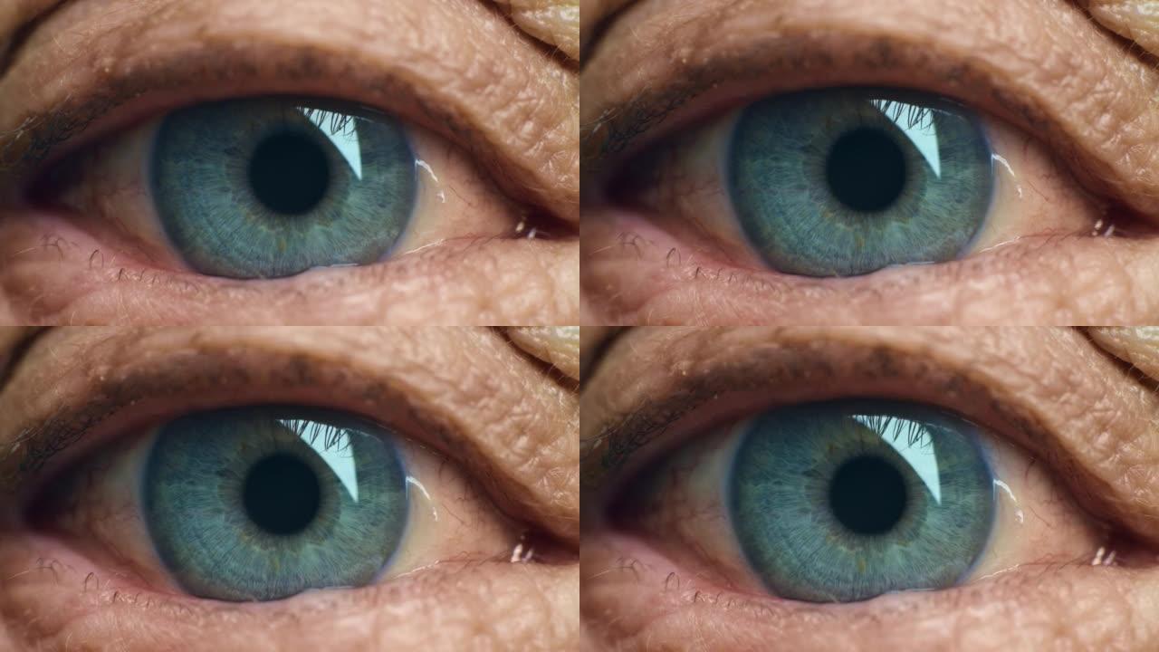 绿色，蓝眼睛颜色的宏观图像和成人高加索虹膜自然人体解剖的细节显示。专业、高质量的健康老年人眼球特写照