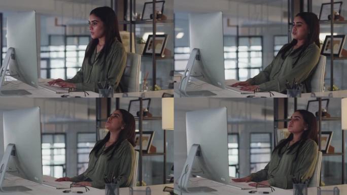 4k视频片段，一位迷人的年轻女商人独自坐在办公室里，感到压力很大