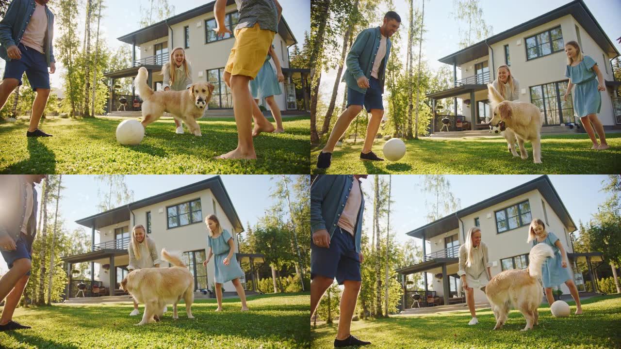 微笑着美丽的四口之家在后院草坪上与快乐的金毛猎犬踢足球。田园诗般的家庭在避暑别墅和忠诚的血统小狗在户