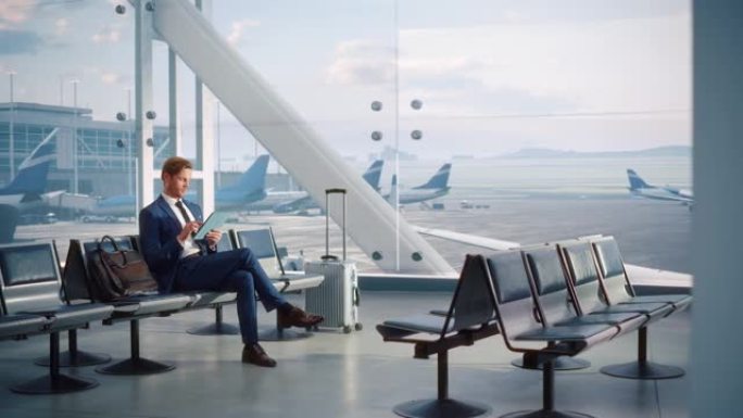 机场航站楼航班等待: 商人使用数字平板电脑应用程序进行电子商务，浏览互联网。旅行企业家远程在线工作，