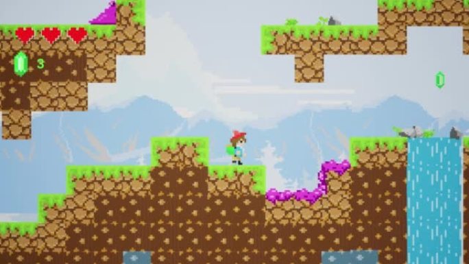 8位视频游戏模拟播放概念: 复古2D游戏机游戏，玩家在像素化数字世界中移动，与怪物战斗并收集物品。白