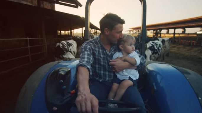 快乐农民父亲的真实镜头正在和他的小儿子一起驾驶拖拉机，并展示了一个拥有生态奶牛的家庭奶牛场。概念: 