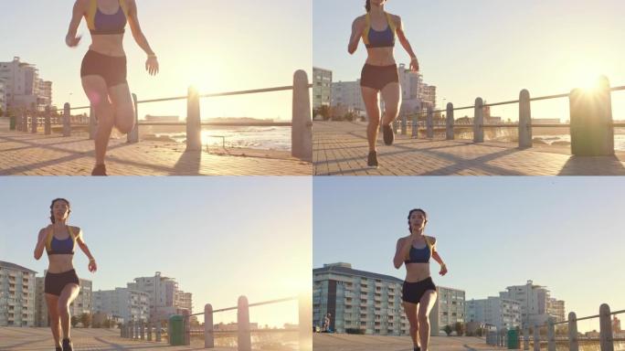 跑步，亚洲和城市人行道上的女人海滩，镜头耀斑和自然训练速度，身体目标和健康重点。在早晨的阳光下，在海