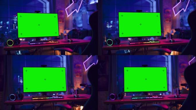 在家玩游戏: 空的游戏站，玩家的个人电脑，绿屏色度键显示站在带霓虹灯的时尚阁楼公寓的木桌上。弧射。