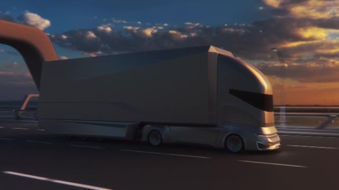 未来技术概念: 自动自动驾驶卡车与货物拖车驾驶道路上的扫描传感器。3D电动货车在风景秀丽的日落公路桥