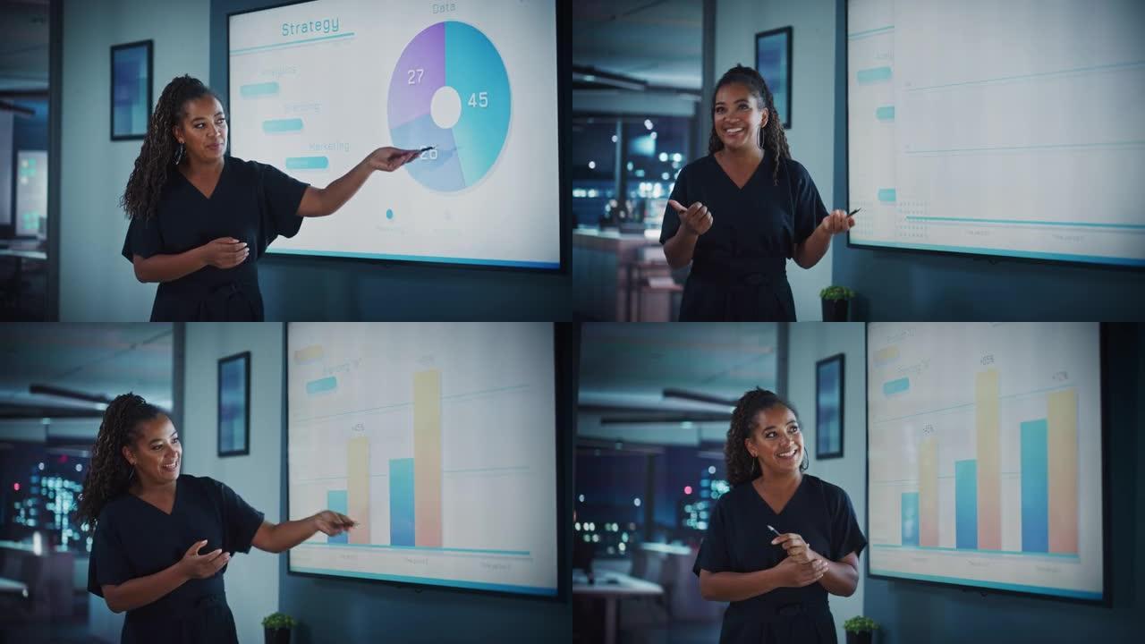 公司首席执行官为员工和高管举办销售会议演示。创意黑人女性使用电视屏幕与增长分析，图表，广告收入。在商