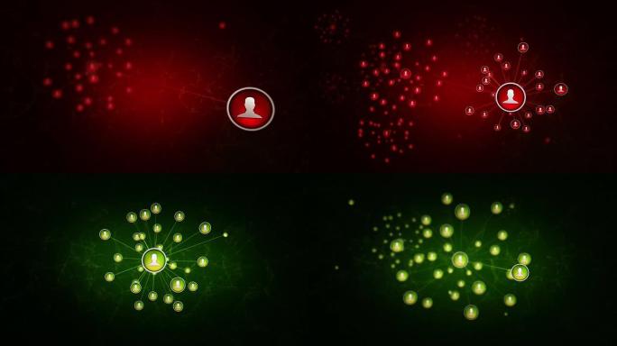 不断发展的社交网络，带有图标。红色和绿色。可循环