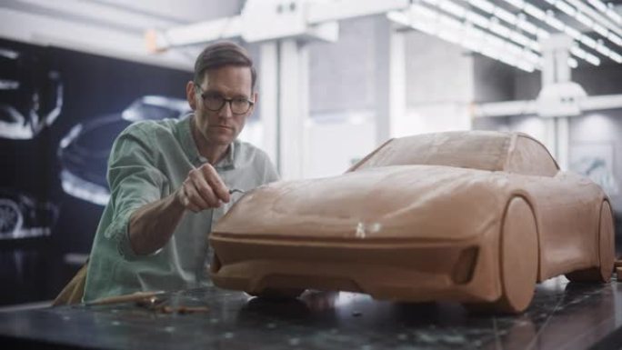 一位英俊的汽车设计师的肖像，戴着眼镜，用聚合物造型粘土在概念车上工作。建模师看着相机，在雕刻模型车辆