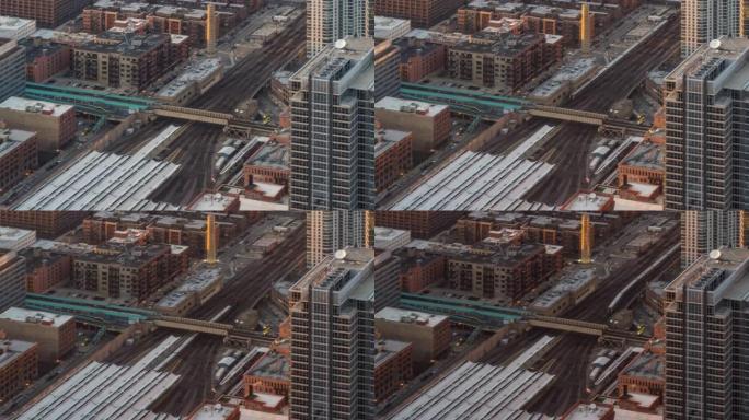 延时: 美国芝加哥通勤铁路轨道和地铁环路的鸟瞰图