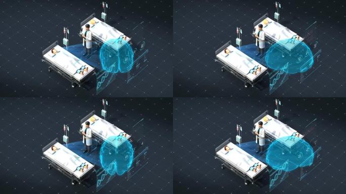医生在医院病房用全息图脑，矢量图，未来医疗技术治疗病人。4k动画。