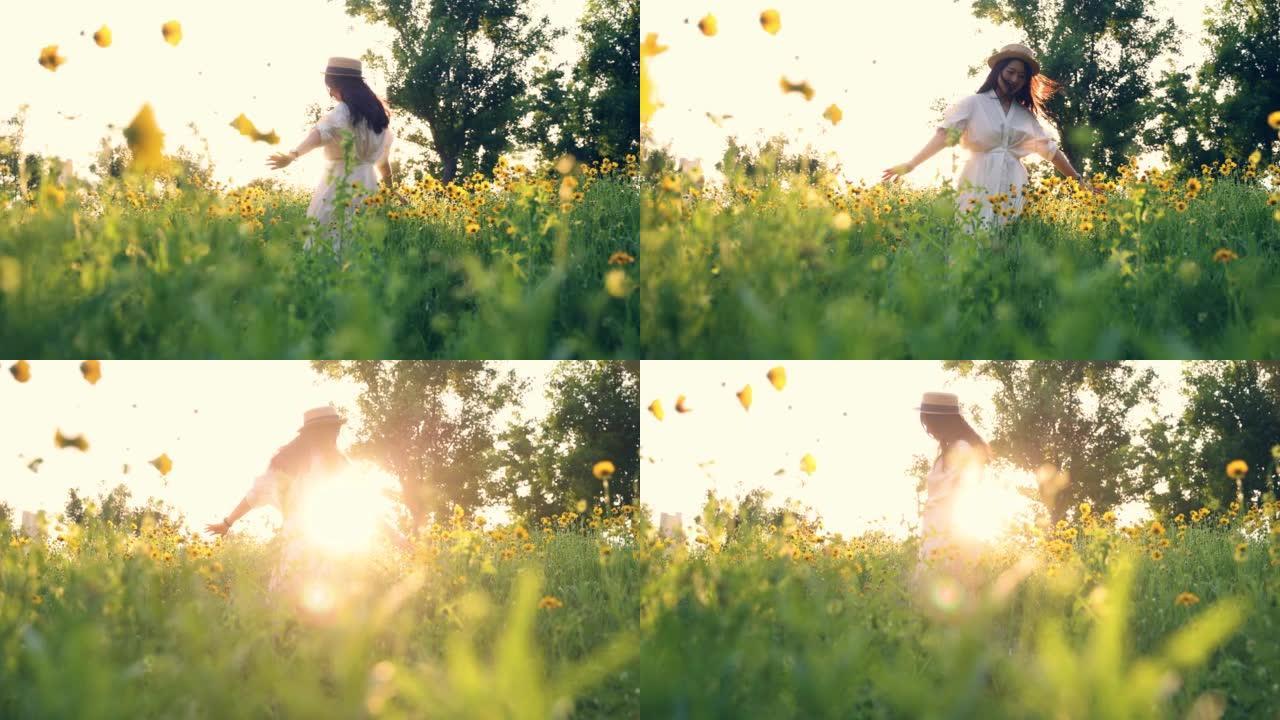美丽的年轻女子在日落的黄花草地上穿着白色连衣裙