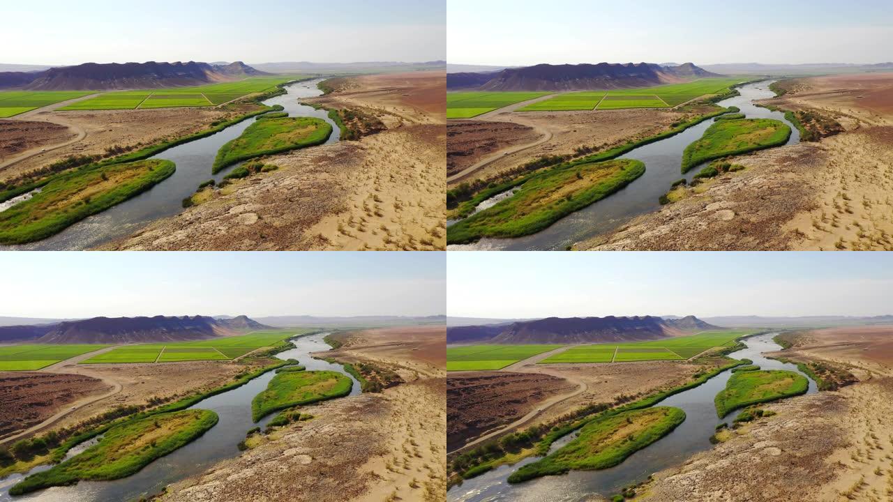 非洲纳米比亚阳光明媚的偏远沙漠中的WS河和郁郁葱葱的田野