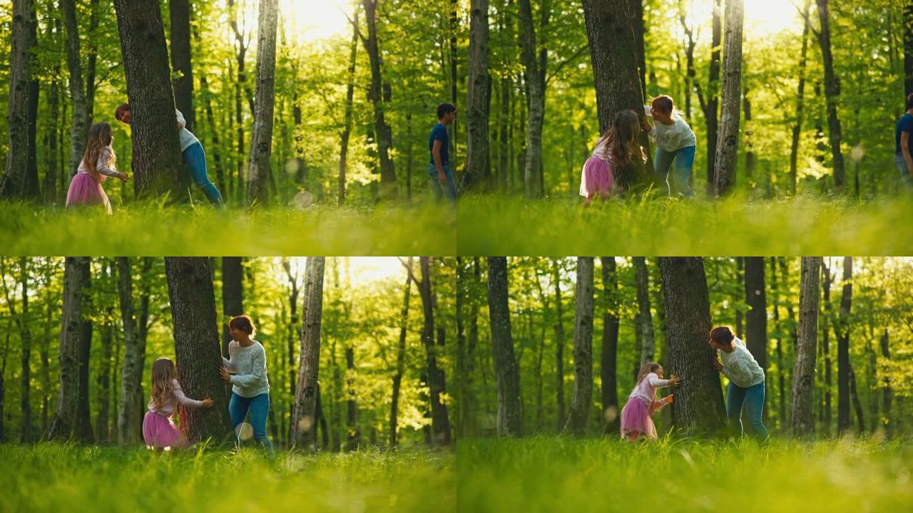 SLO MO母女俩在绿色森林的树木之间互相玩耍