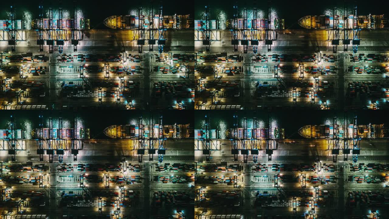 夜间集装箱运输繁忙工业港口的T/L俯视图