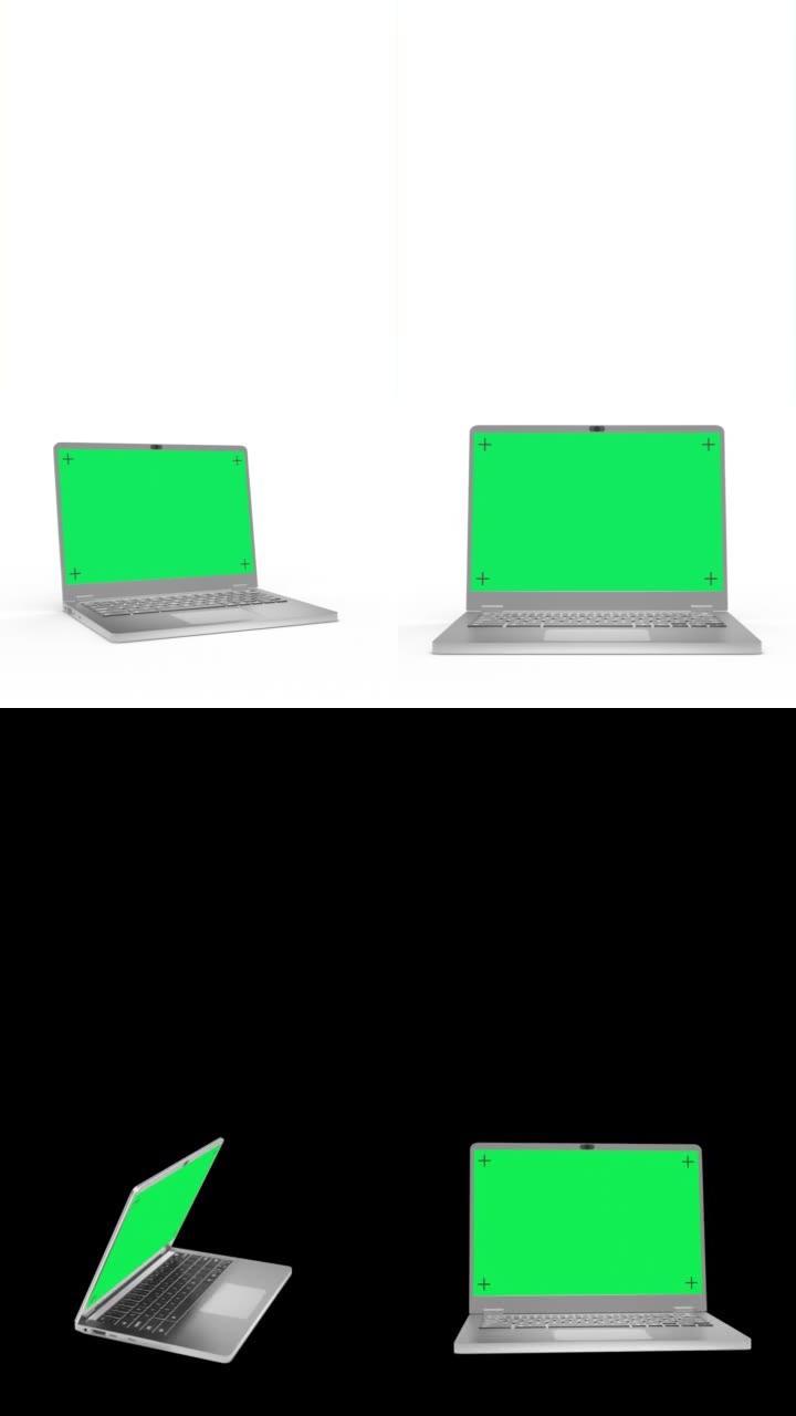 白色背景上绿屏的铝制笔记本电脑