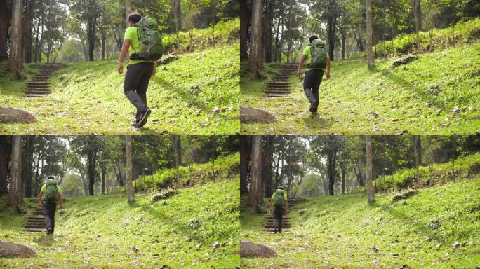 男人夏天在森林里的绿草上徒步旅行