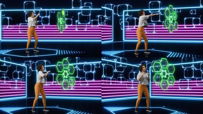虚拟现实女拳击手视频游戏。在Metaverse Fit中，黑人妇女与AI，得分，虚拟训练，健身，锻炼