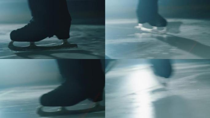 在比赛期间，男花样滑冰运动员的滑冰鞋在溜冰场上表演男子单人编舞时的电影特写镜头。完美、精确、自由、激