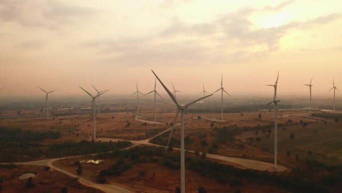 鸟瞰图沙漠风电场电能环保发电新建设