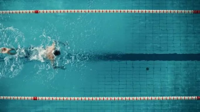 空中俯视图男游泳运动员在游泳池游泳。专业确定的运动员使用蝶泳技术进行锦标赛训练。电影宽慢动作跟踪镜头