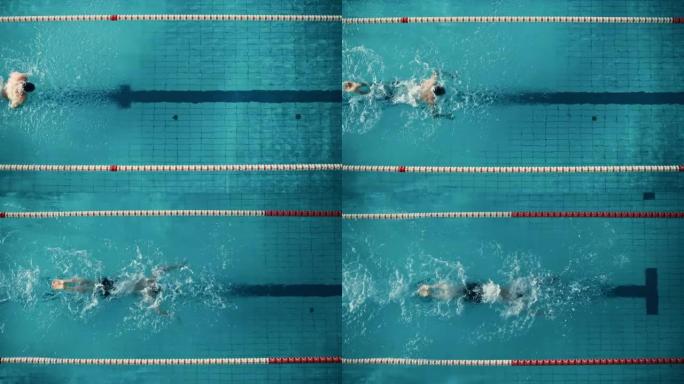 空中俯视图男游泳运动员在游泳池游泳。专业确定的运动员使用蝶泳技术进行锦标赛训练。电影宽慢动作跟踪镜头