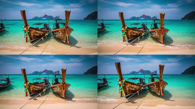 泰国安达曼海热带海滩上的长尾船