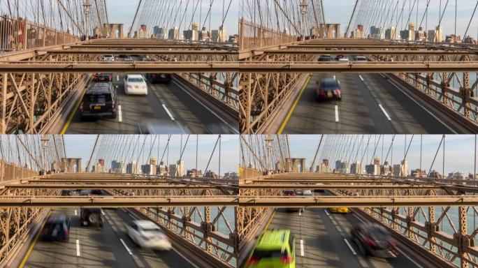 时光流逝:布鲁克林大桥上的交通与天际线建筑的背景，纽约，美国