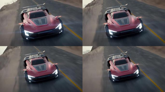 跑车概念车上路。红黑3d超级跑车在高速公路上行驶。在日落当天的场景中驾驶强大的现代电动汽车。赛车未来