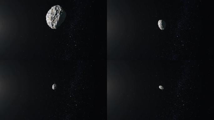小行星在太空中飞行和旋转。小行星出现在屏幕上并迅速飞走。星空。4K.星星闪烁。3d渲染。