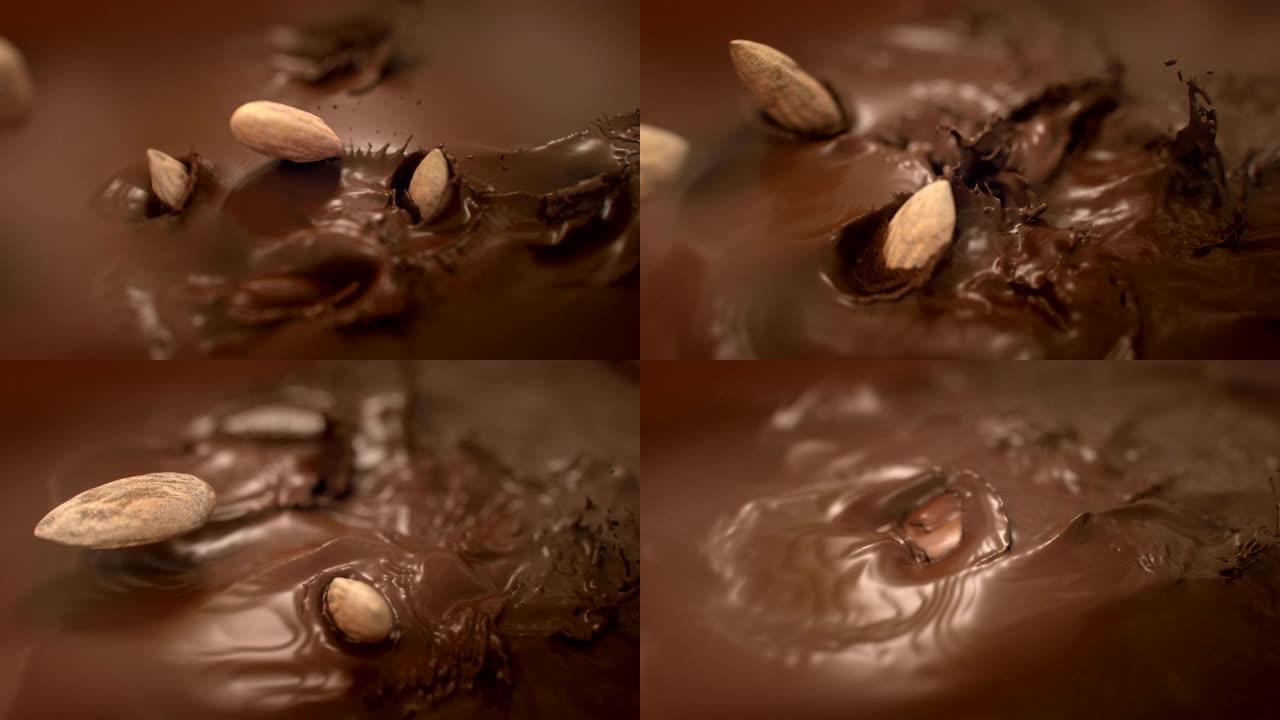 杏仁坚果在4k超慢动作中落入液体巧克力中