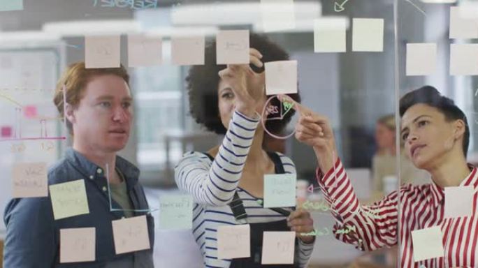 不同的男性和女性商业同事在玻璃墙上讨论备忘录