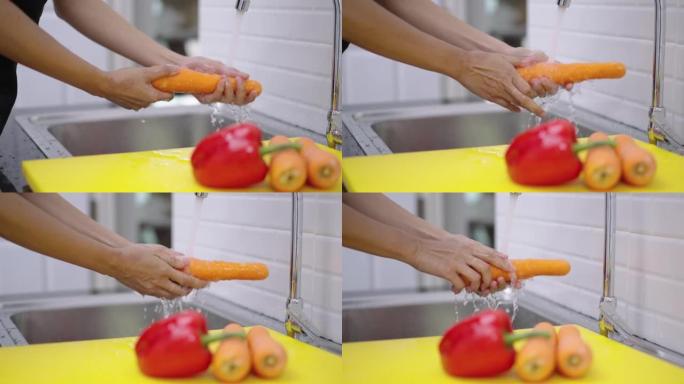 女人洗手蔬菜做菜单沙拉