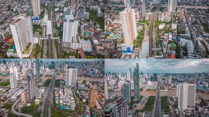 鸟瞰图曼谷交通街的超流，城市景观和摩天大楼穿过市区的朝旁河