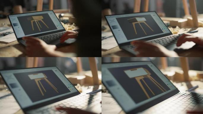 带有3D图形编辑器的笔记本电脑屏幕的特写镜头，带有时尚的木制床头柜设计。有创造力的人为木工项目准备家