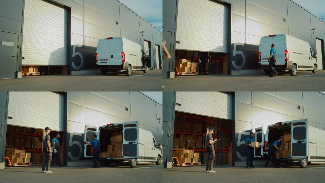 物流配送仓库外送货卡车停靠站: 经理使用平板电脑，工人开始卸载纸箱。在线订单、采购、电子商务商品。宽