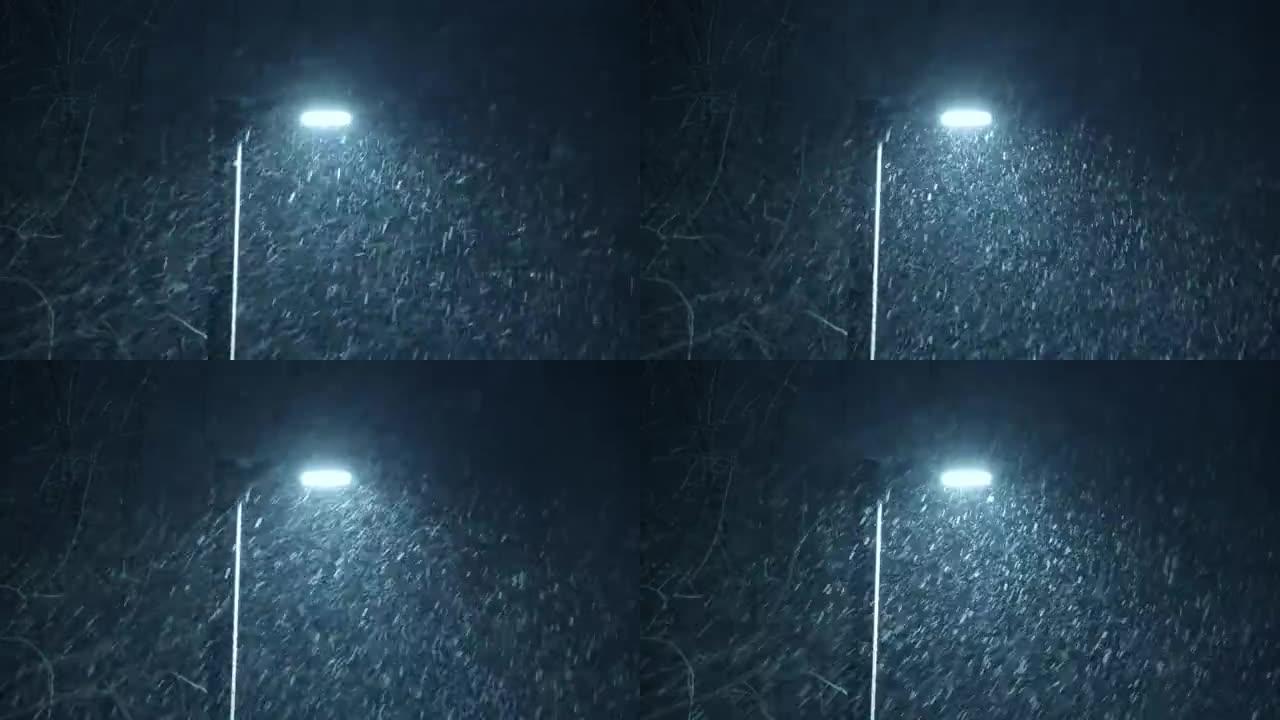 路灯照亮飘落的雪雪夜雪花寒冷夜灯