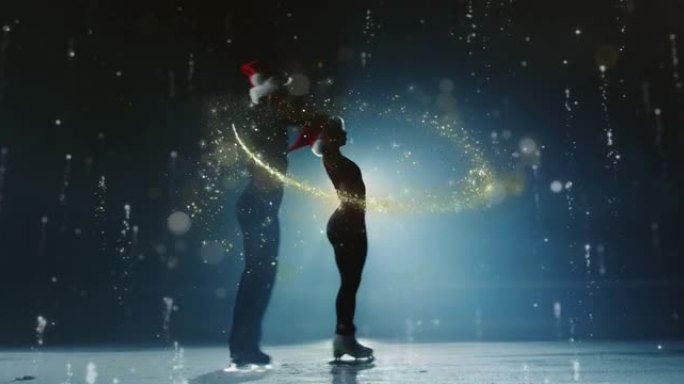 在圣诞节期间的比赛中，几名戴着圣诞老人帽子的花样滑冰运动员在溜冰场上表演双人滑冰舞蹈，魔术发光。假期