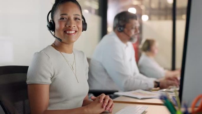 电话营销，快乐的黑人妇女和在台式电脑上工作的呼叫中心代理，咨询或服务台支持顾问。Crm，联系我们和客