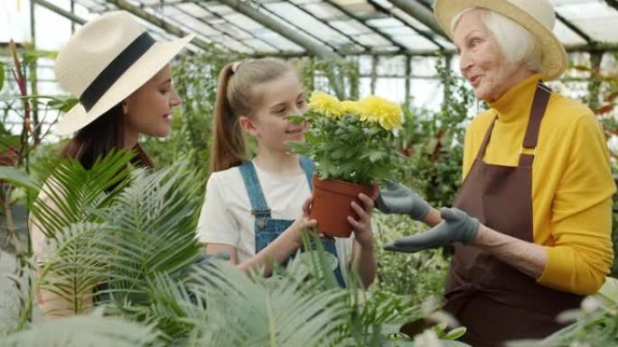 享受鲜花的妇女和儿童园丁闻起来在温室里一起工作