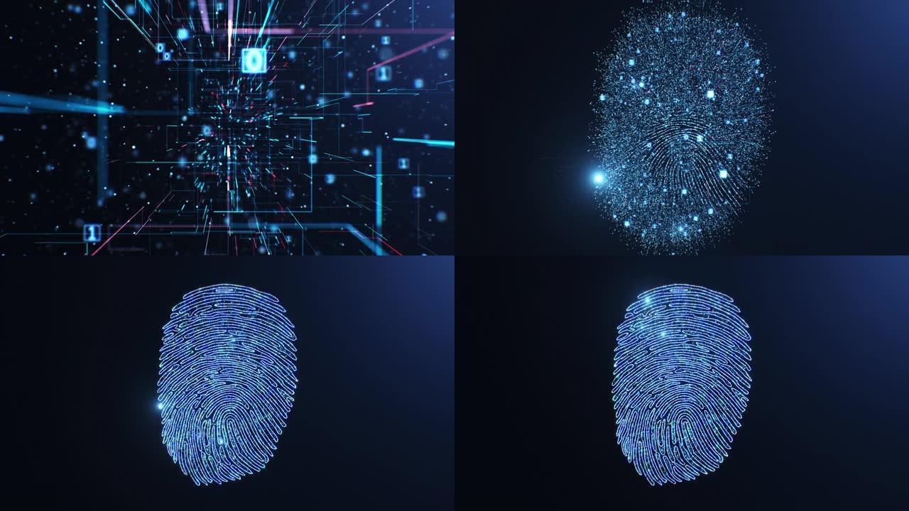 指纹扫描过程说明。美丽的未来飞行通过数字代码在网络空间中抽象指纹。现代技术生物识别过程三维动画