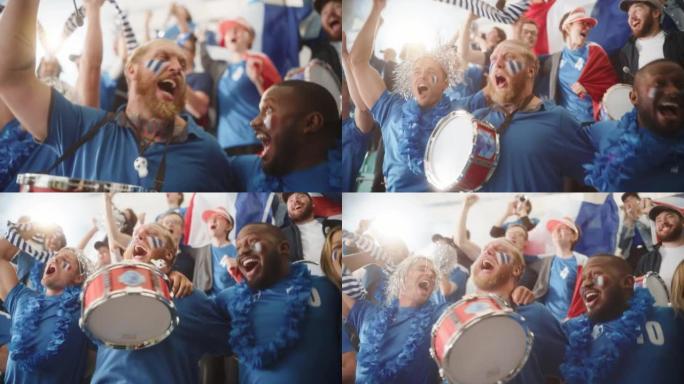 体育馆大事件: 三个球迷脸上涂着彩绘的脸欢呼，敲鼓，玩得开心，为足球队获胜而呐喊。人们庆祝进球，冠军