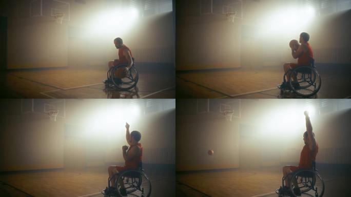 轮椅篮球运动员穿着红色制服的投篮成功，打进了一个完美的进球。残疾人的决心、训练、灵感。暖色静态慢动作