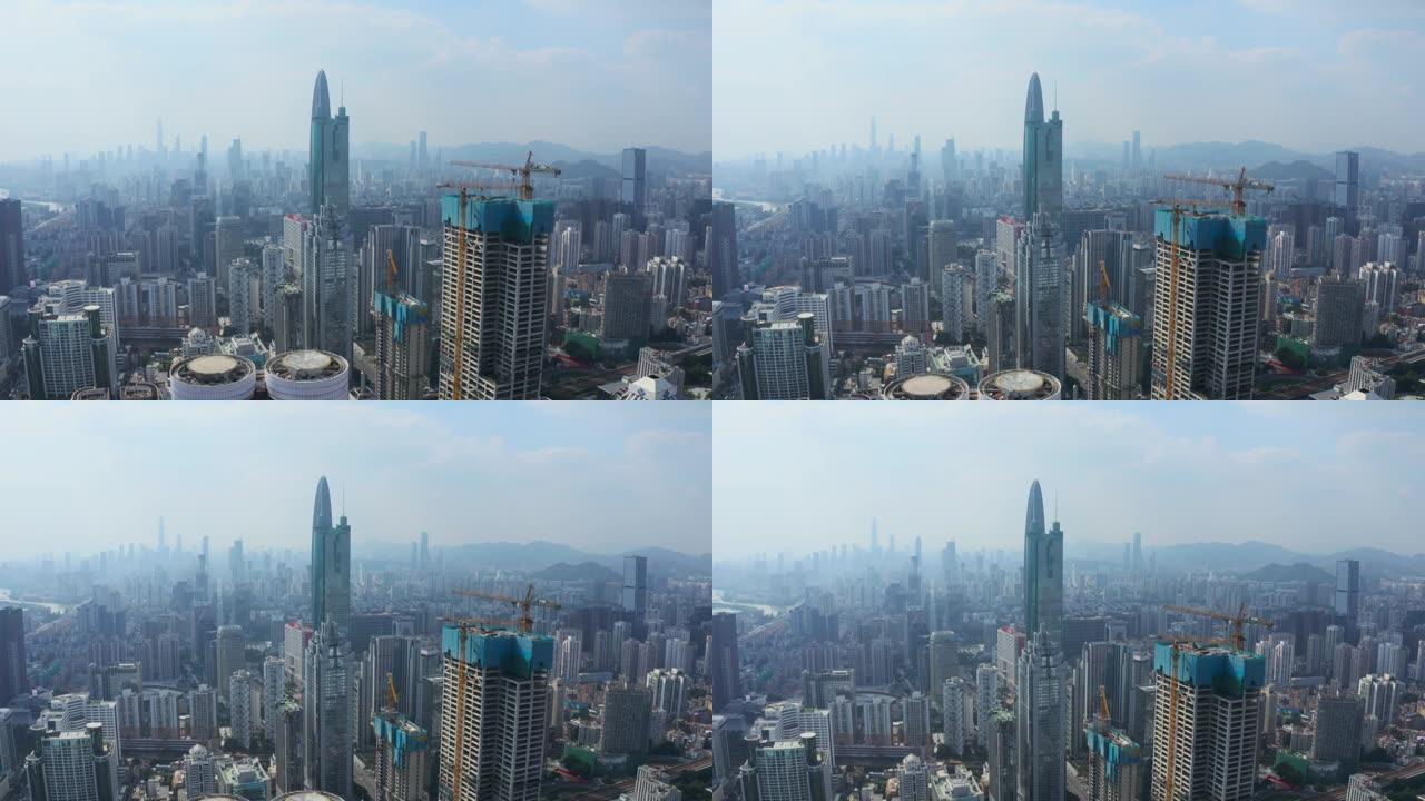 中国深圳城市天际线的无人机视图