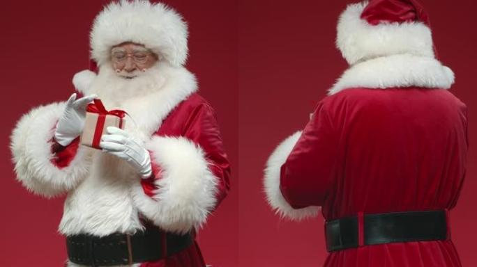 一个在红色背景上转身微笑的圣诞老人，拿着一个小礼品盒，在视频结尾的镜头前展示