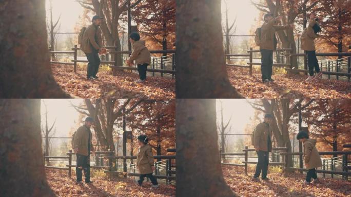亚洲父亲和可爱的男孩在秋天在公园扔秋叶。