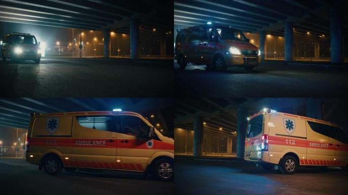 带有工作频闪灯和紧急护理助理信号的救护车在晚上到达街道上的交通事故现场。护理人员小组对紧急呼叫做出反