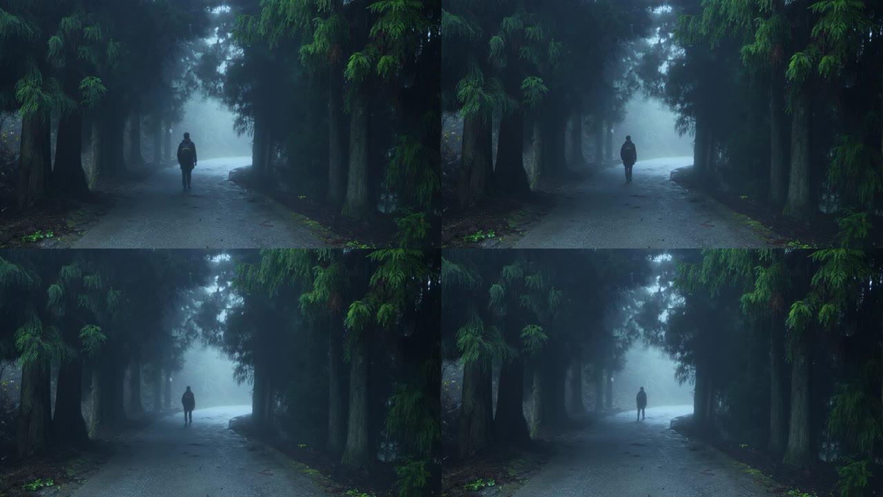 男子走在雾林路上户外野外散步步伐小路