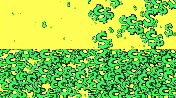 黄色背景下的动画绿色美元符号充满了屏幕。你的金融投资可以用几美元担保。