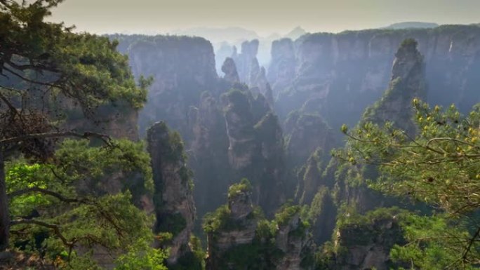 阿凡达山脉的阳光明媚。相机在中国张家界国家森林公园 (也称为阿凡达浮山) 的视点中移动